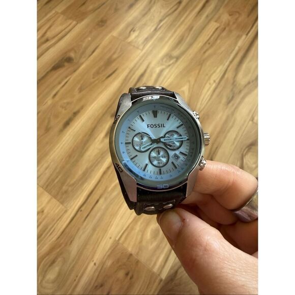 Fossil Mens Brown Leather Cuff Coachman Chronograph Quartz Stainless Steel Watch